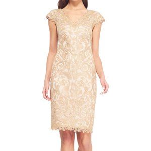 Tadashi Shoji Gold Corded Embroidery on Tulle Cap Sleeve Dress